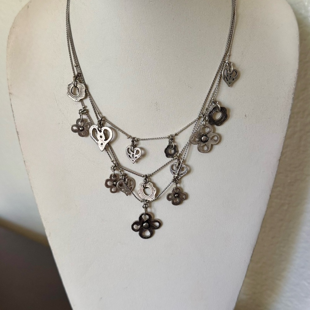Layered Silver Charm Necklace with Hearts & Floral Motifs